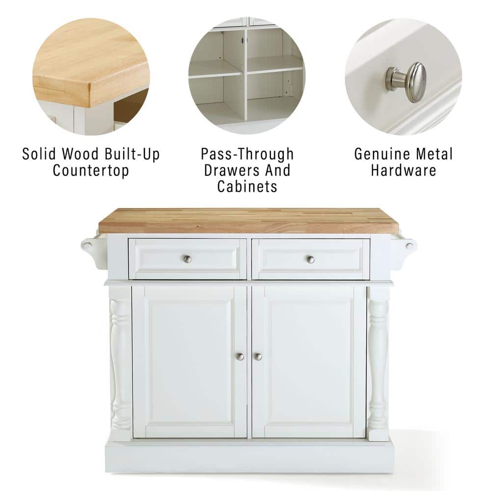 Elegant White Butcher Block Top Kitchen Island with Storage
