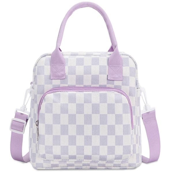 11.3 in Insulated Lunch Bag with Multi Pocket Storage, Beige Purple Plaid, 1 Piece