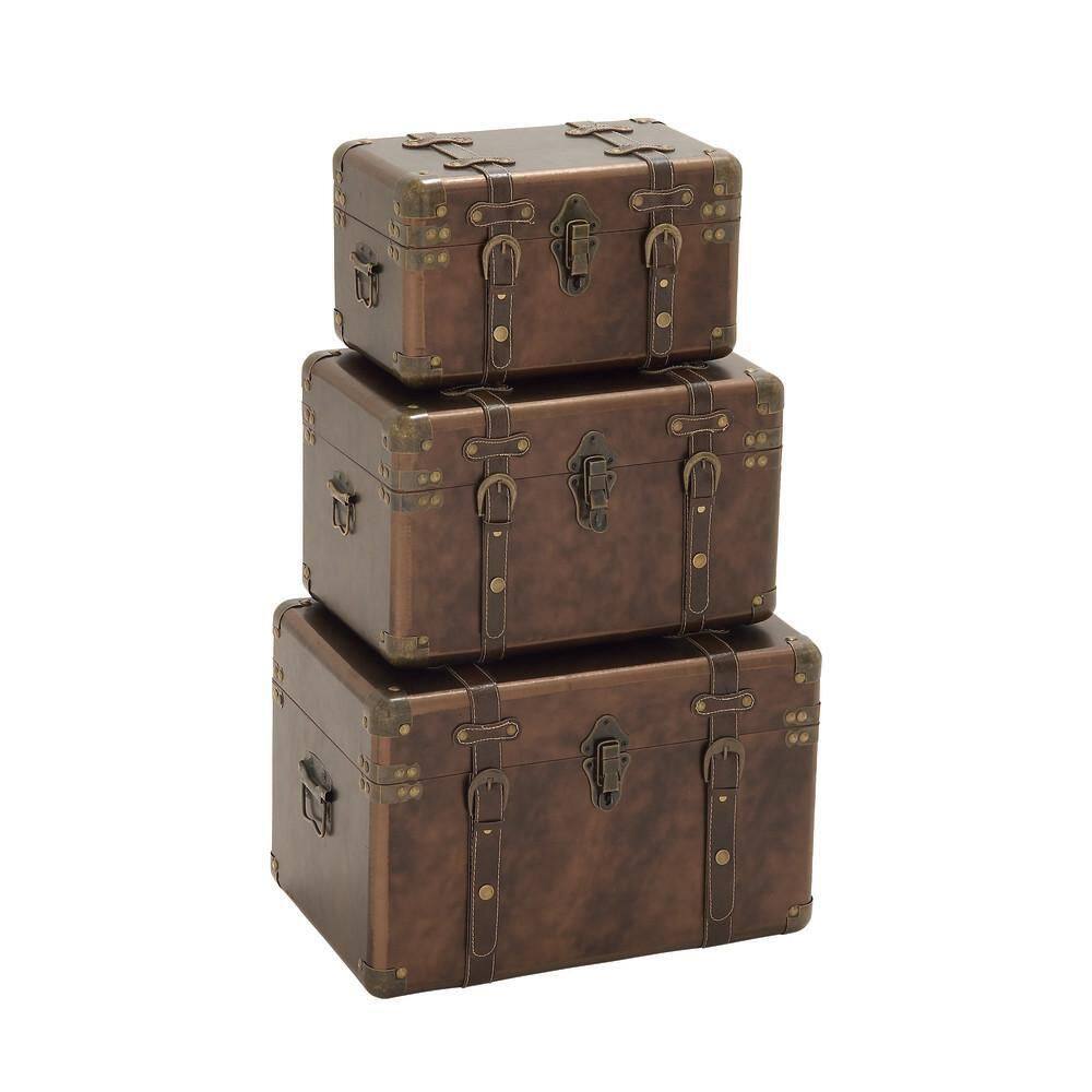 Brown Leather Rectangular Storage Trunk Set with Vintage Accents, 3-Pieces