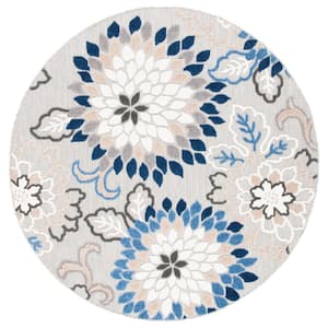Cabana Gray/Blue 7 ft. x 7 ft. Floral Abstract Indoor/Outdoor Patio  Round Area Rug