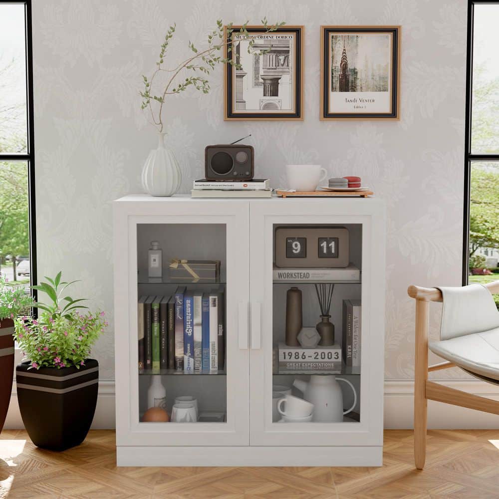 <週末価格>3ドア Low Cabinet 白　*送料込み white-glass-lirago-accent-