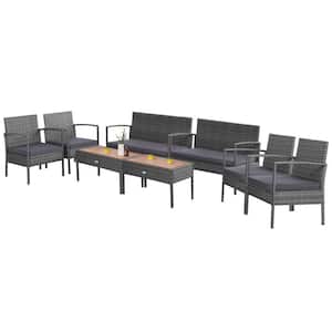 8-Piece Rattan Patio Conversation Furniture Set with Acacia Wood Tabletop with Gray Cushions