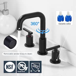 8 in. Widespread Double-Handle High-Arc Bathroom Sink Faucet with Drain Kit in Matte Black