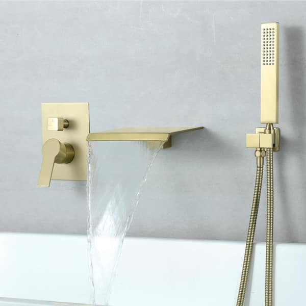 Single-Handle Waterfall Spout Tub Wall Mount Roman Tub Faucet with Hand Shower in Brushed Gold