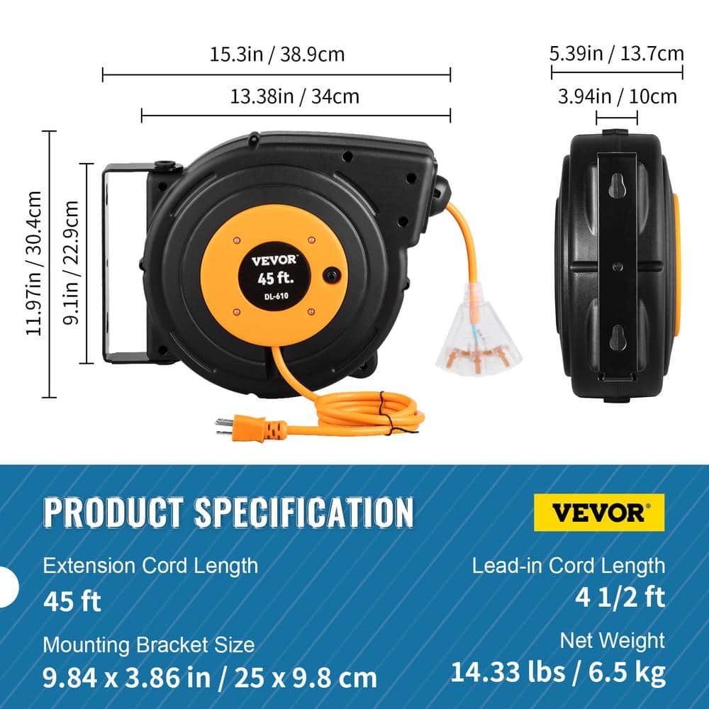 45 ft Black and Orange Retractable Extension Cord Reel