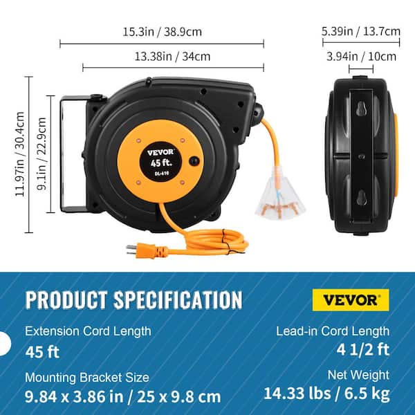  VEVOR Retractable Extension Cord Reel, 65 FT, Heavy Duty  12AWG/3C SJTOW Power Cord