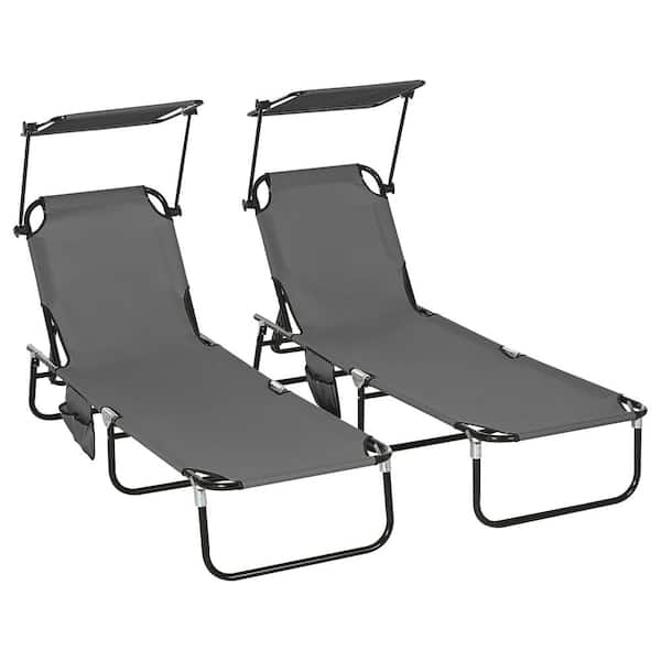 Otryad 2-Piece Metal Outdoor Chaise Lounge, Outdoor Sun Tanning Chairs with Canopy Shade and Reclining Back, Dark Gray