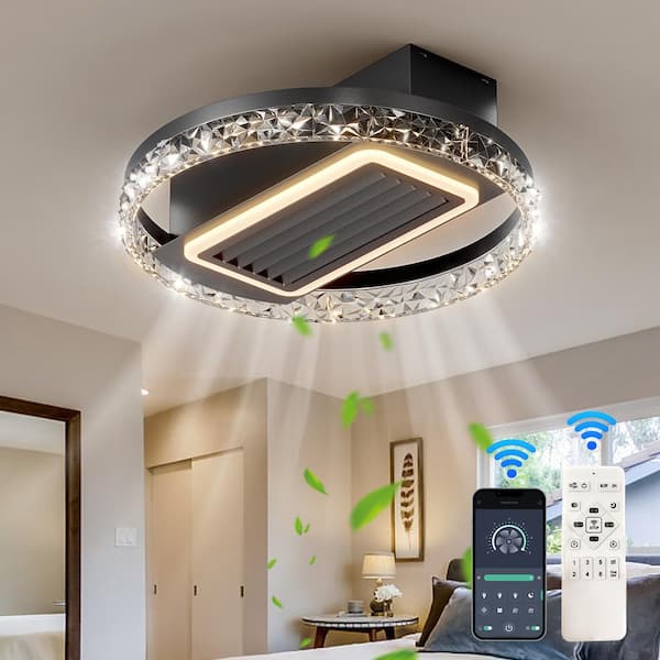 OLUZFAN 20 in. Indoor Low Profile Black Flush Mount Ceiling Fan with Lights and Remote, Bladeless ，6 Wind Speed, Dimmable