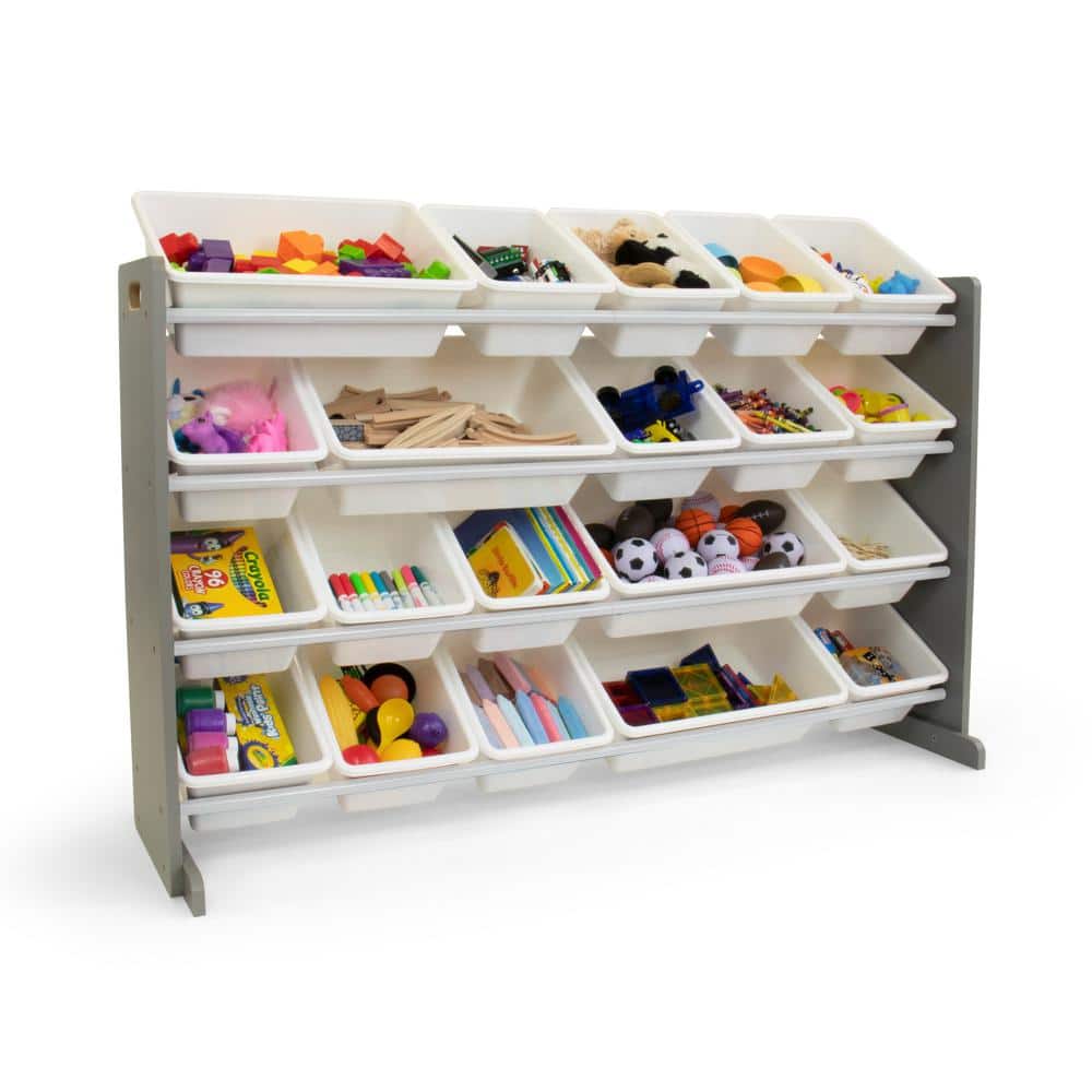 Extra Large Gray and White Engineered Wood Storage Organizer with 20 Bins