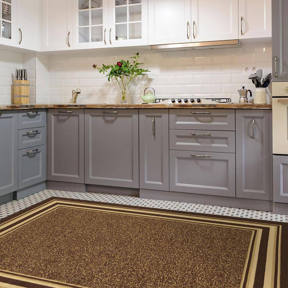 Brown Bordered Machine Washable Area Rug with Non-Slip Backing