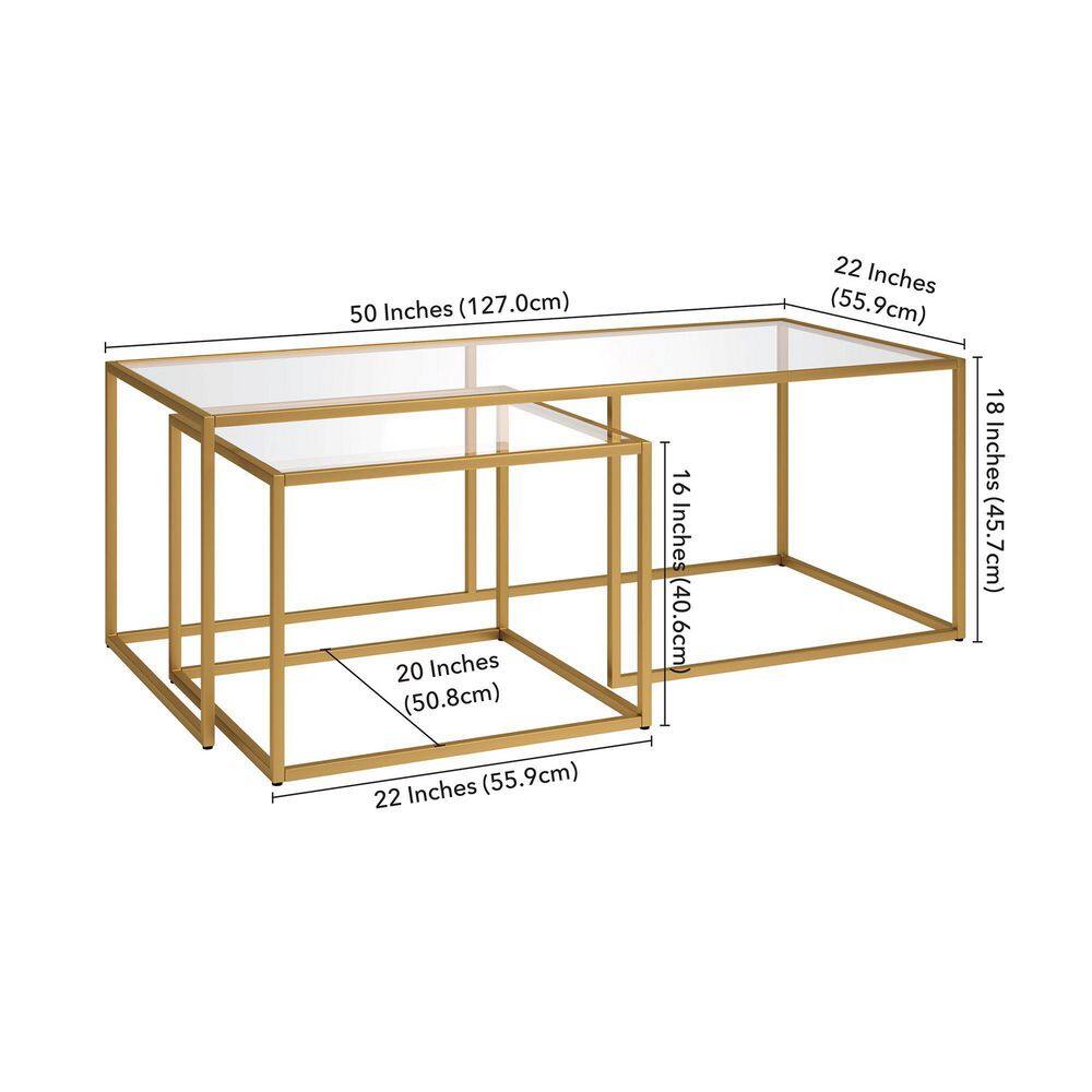 Kennedy Brass Finish Rectangular Nesting Coffee Table with Glass Top