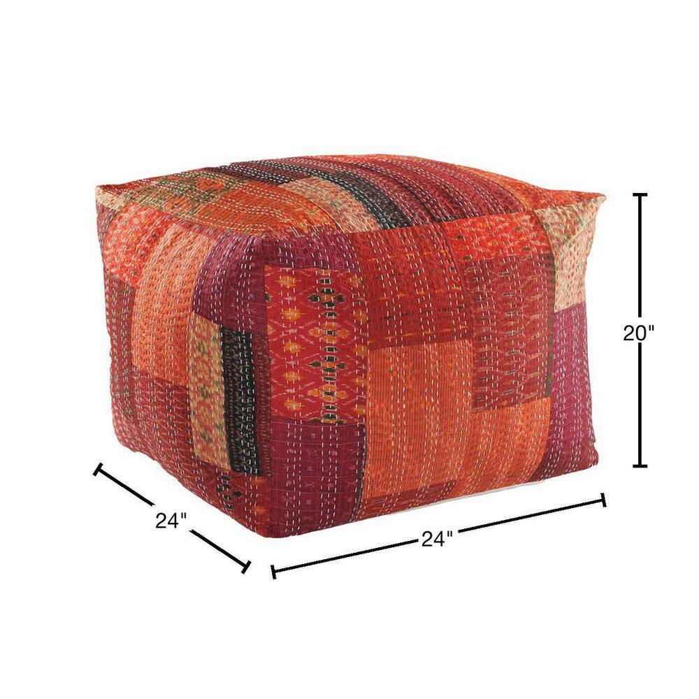Crimson Kantha Cotton Square Pouf, 24" x 24" x 20"