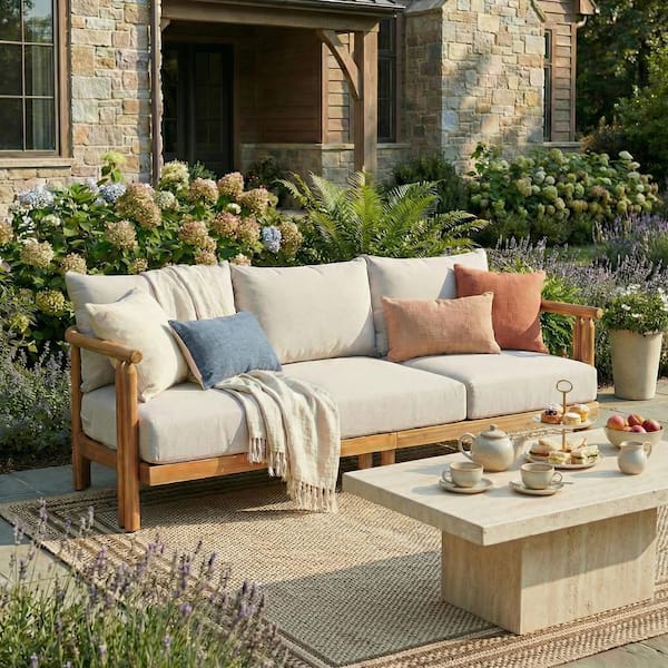 Fairview Patio Light Teak Finish Solid Wood Outdoor 3 Seater Sofa Couch with Beige Cushions