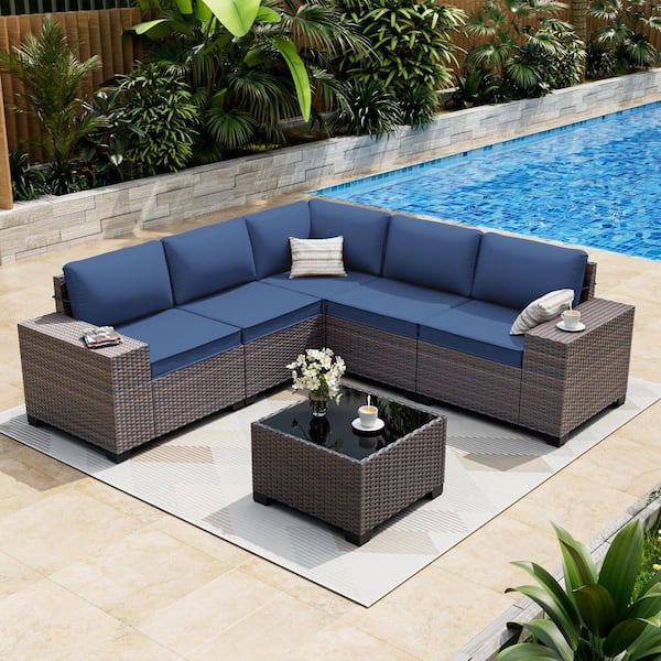 6-Piece Wicker Outdoor Sectional Set with Navy Cushion