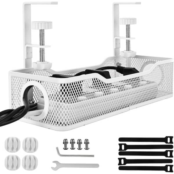 Clamp-On Metal Under Desk Cable Management Tray White for Home Office Desk Organizing Power Cords No Drilling