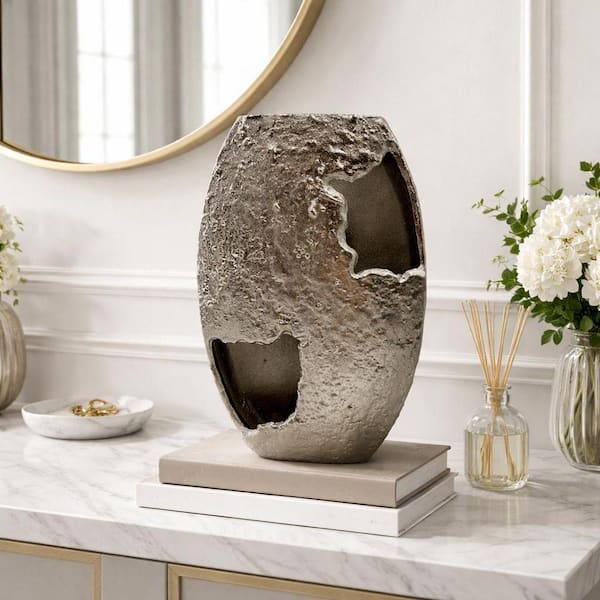 15 in. Decorative Abstract Fractured Capsule Vase in Silver