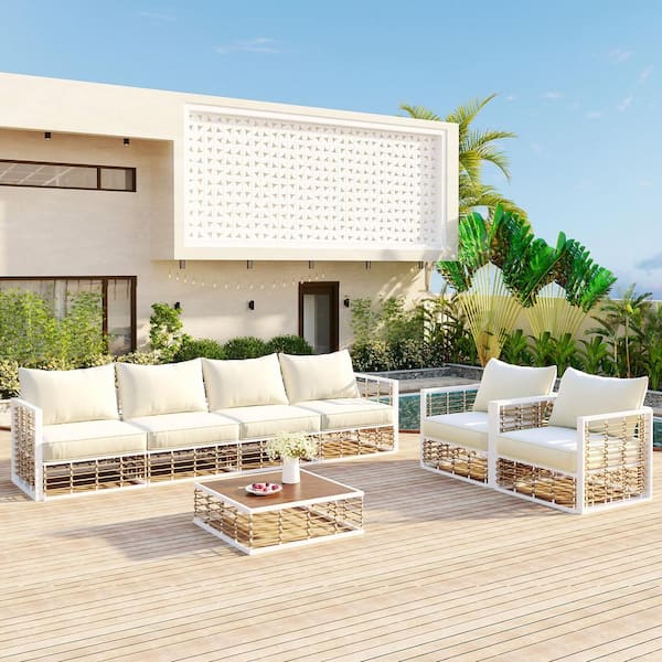 Runesay 7-Piece Modern Minimalist Metal White Iron Outdoor Patio Conversation Sectional Sofa Set with Thick Ivory White Cushions