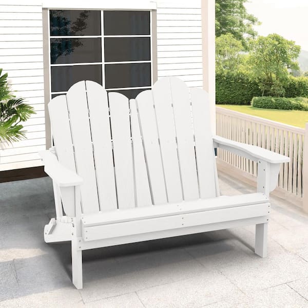 Classic White Plastic Adirondack Chair 2-Person Outdoor Loveseat with Foldable Design
