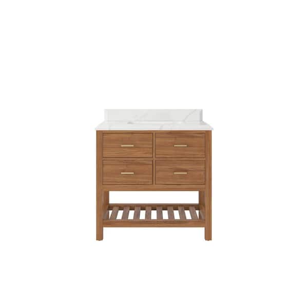 Willow Collections Parker Teak 36 in. W x 22 in. D x 36 in. H Single Sink Bath Vanity Center in Golden Teak 1.5 in. Calacatta Laza Top