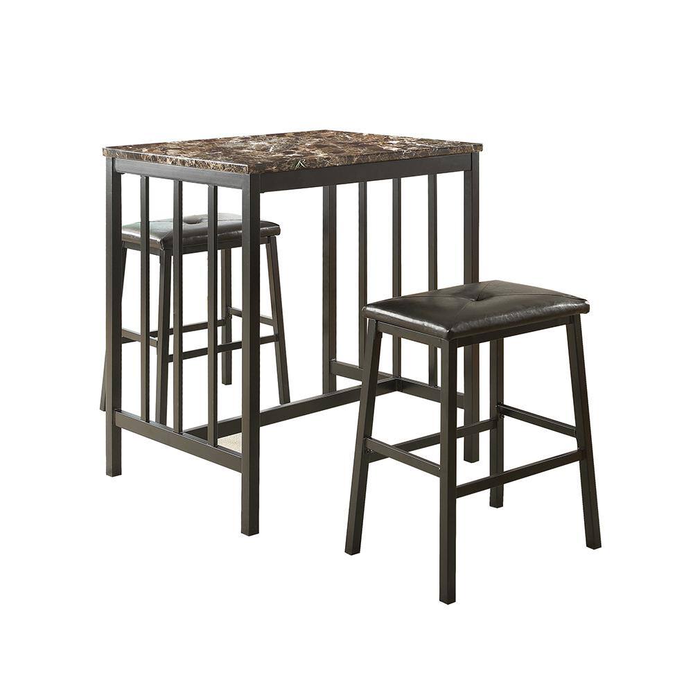 Myan 3-Piece Black Metal Finish Faux Marble Top Bar Table Set Seats 2