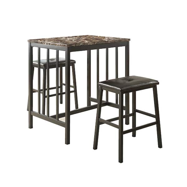 Lazzara Myan 3-Piece Black Metal Finish Faux Marble Top Bar Table Set Seats 2