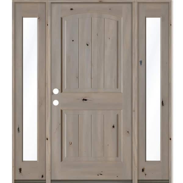Krosswood Doors 64 in. x 80 in. Rustic knotty alder Sidelite 2 Panel Right-Hand/Inswing Clear Glass Grey Stain Wood Prehung Front Door