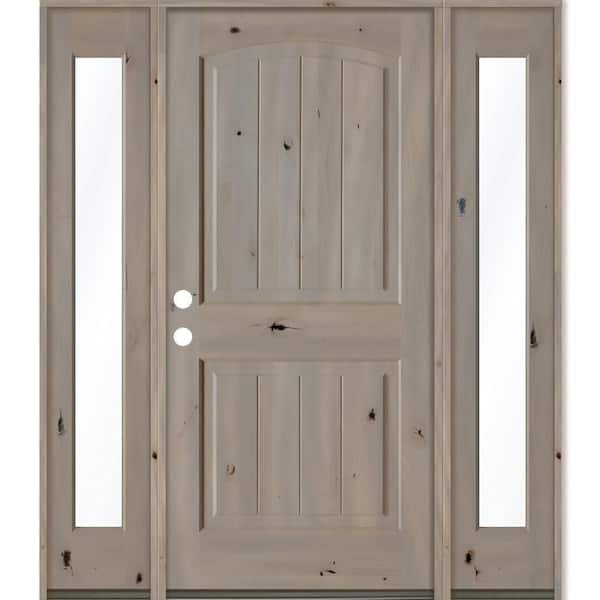 Krosswood Doors 70 in. x 80 in. Rustic knotty alder Sidelite 2 Panel Right-Hand/Inswing Clear Glass Grey Stain Wood Prehung Front Door