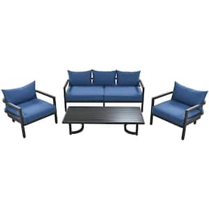 4-Piece Metal Patio Conversation Set with Thickened Blue Cushions