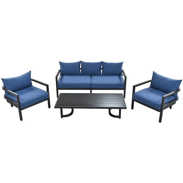 Clihome 4-Piece Metal Patio Conversation Set with Thickened Blue Cushions