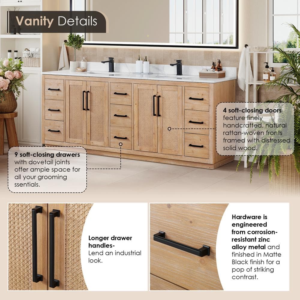 Floral 84" Light Brown Fir Wood Vanity with Calacatta White Quartz Top and Mirror