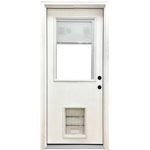 32 in. x 80 in. Reliant Series Clear Mini-Blind LHIS White Primed Fiberglass Prehung Front Door with XL Pet Door