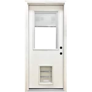 32 in. x 80 in. Reliant Series Clear Mini-Blind LHIS White Primed Fiberglass Prehung Front Door with LRG Pet Door