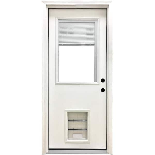 Steves & Sons 32 in. x 80 in. Reliant Series Clear Mini-Blind LHIS White Primed Fiberglass Prehung Front Door with Large Pet Door