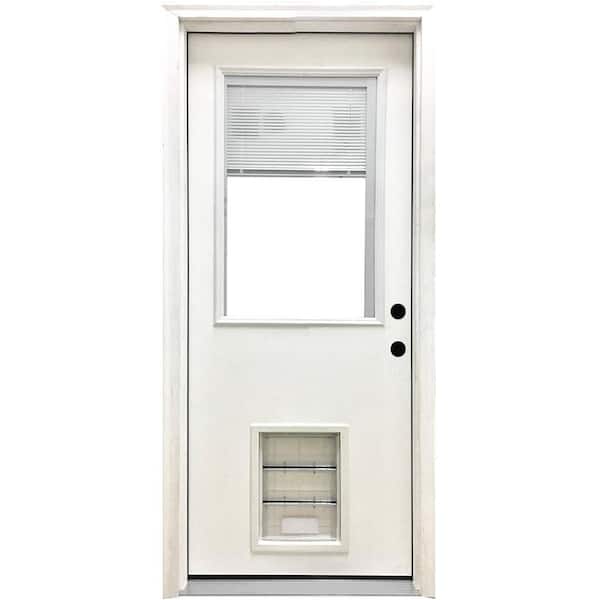 Steves & Sons Reliant 32 in. x 80 in. 2Panel 1/2Lite Micro Blind LHIS White Primed Fiberglass Prehung Front Door, XL Pet Door, Brkmld