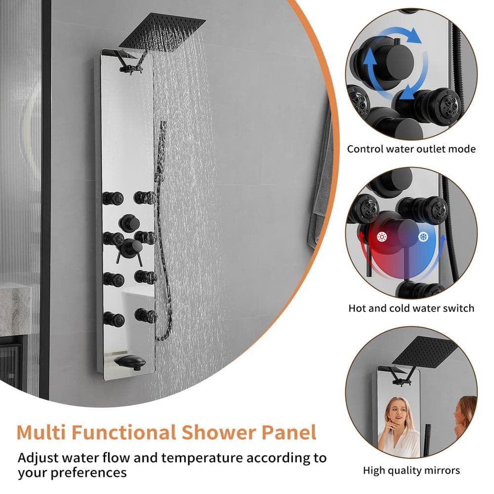 Nickel and Black Multifunction Shower Panel System with Body Jets