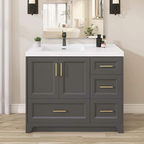 NTQ 42 in. W x 22 in. D x 36 in. H Bathroom Vanity Single Sink Freestanding Bath Vanity Cabinet in Gray with White Resin Top