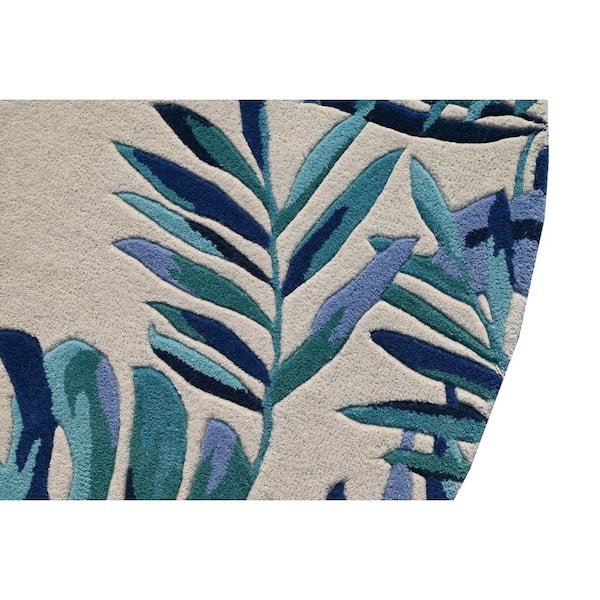 Kai Ivory/Blue 6 ft. Round Tropical and Transitional Hand-Tufted Wool Area Rug