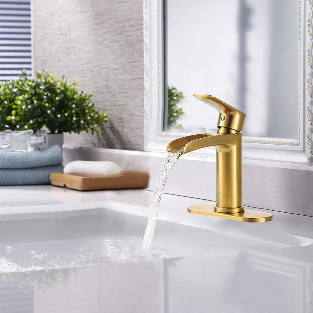 Brushed Gold Brass Waterfall Spout Single-Handle Bathroom Faucet