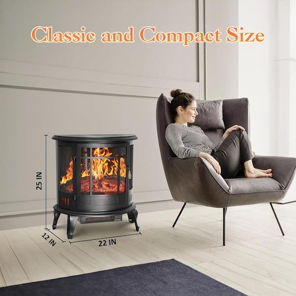 22 in. Freestanding Electric Fireplace in Black with Overheat 
