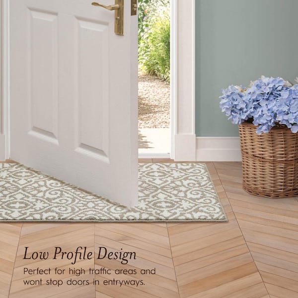 Laura Ashley Washable Skid-Resistant Linen/Ivory 2 ft. x 4 ft. All