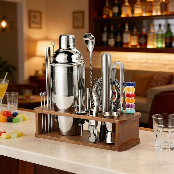 Wudkey 22-Piece Cocktail Kit in Brown and Silver: Stainless Steel Bar Tool Set with Bamboo Stand