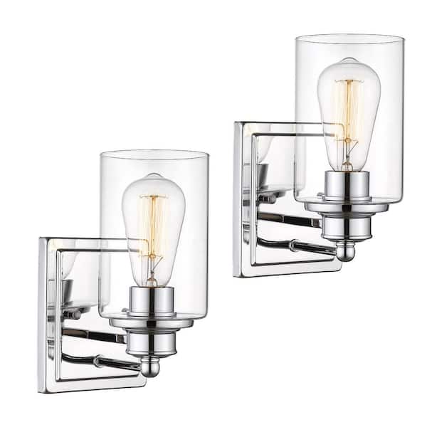JAZAVA Farmhouse 6.4 in. 1-Light Chrome Bathroom Vanity Light with Clear Glass Shades 2-Pack
