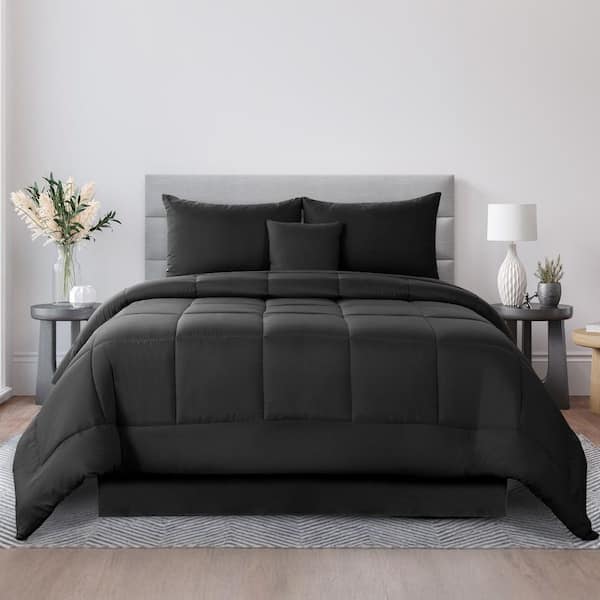 4-Piece Medium Warmth Reversible Solid Black Microfiber Twin Bed in a Bag