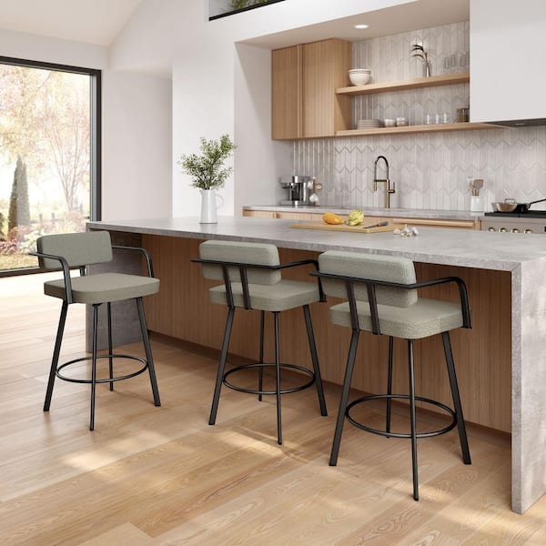 Amisco Triana 30.625 in. Light Beige and Grey Boucle Polyester / Black Metal Bar Stool