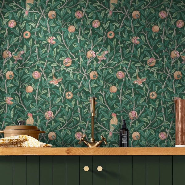 Bird and Pomegranate Deep Green Wallpaper Sample