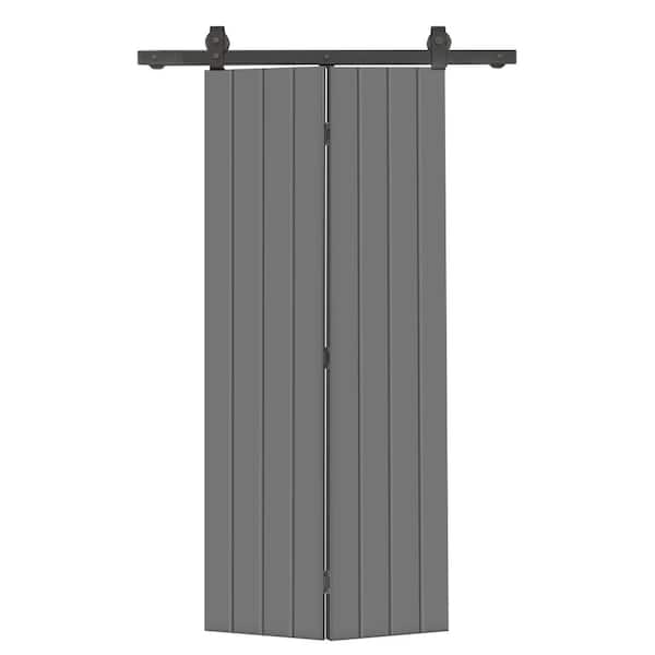 CALHOME 26 in. x 80 in. Hollow Core Light Gray Painted MDF Composite Bi-Fold Barn Door with Sliding Hardware Kit