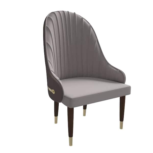 Leisuremod Dining Chair Upholstered in Leather Seat with Elegant Ripple Back Design and Gold Accents Elara Series, Taupe