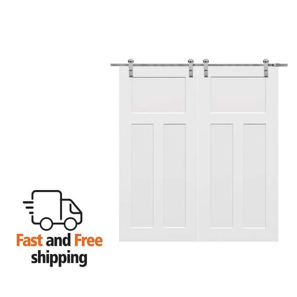 72 in. x 80 in. Primed Assembly Required Craftsman Smooth Surface Solid Core Double Door w/ Barn Door Hardware Kit