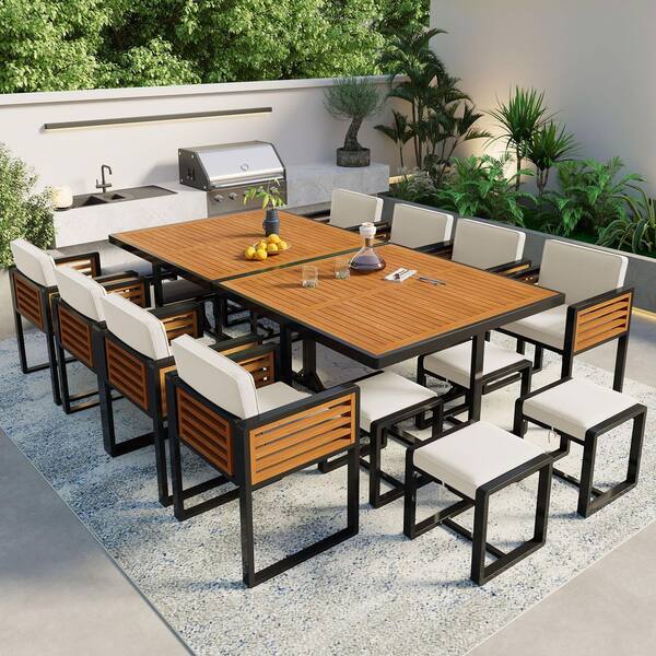 Unbranded 18-Piece Acacia Wood Outdoor Dining Set with Chairs,Ottomans, Square Table and Cushions in Beige for Garden and Backyard