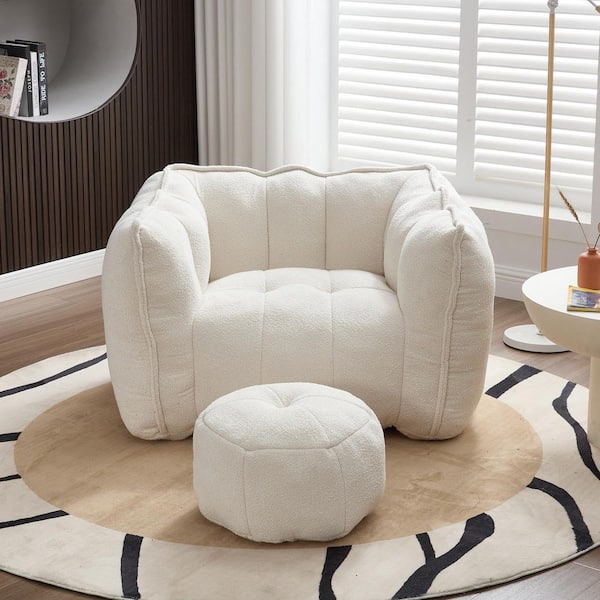 Beige Chenille Polyester Soft Bean Bag Chair with High Resilient Foam for Living Room and Bedroom